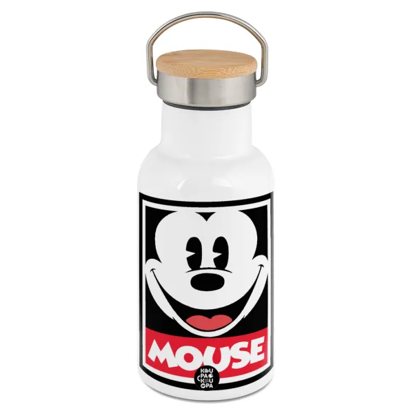 Mickey Mouse — Metallic thermos (Stainless steel) White with wooden lid (bamboo), double-walled, 350ml