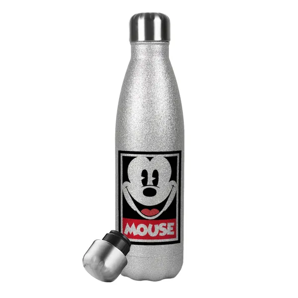 Mickey Mouse — Metallic Glitter Silver Thermos Flask (Stainless steel), double-walled, 500ml