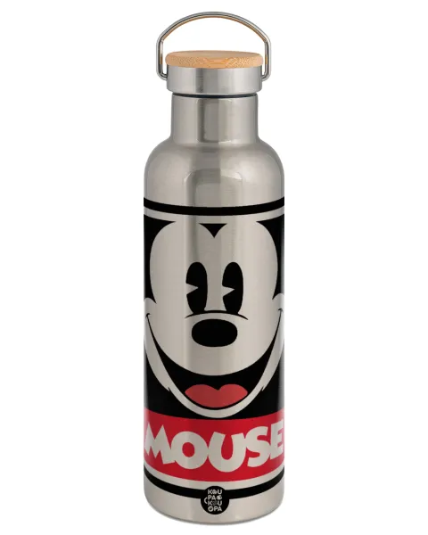 Mickey Mouse — Stainless steel Silver with wooden lid (bamboo), double wall, 750ml