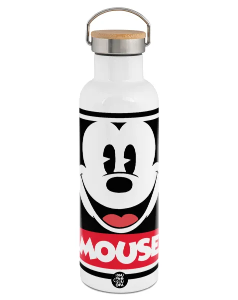 Mickey Mouse — Stainless steel White with wooden lid (bamboo), double wall, 750ml