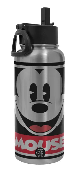 Mickey Mouse — Metal mug thermo Silver with Straw and Spout Lid (Stainless steel), double wall, 950ml