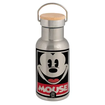 Μίκυ Μάους, Μεταλλικό παγούρι θερμός (Stainless steel) Ασημένιο με ξύλινο καπακι (bamboo), διπλού τοιχώματος, 350ml