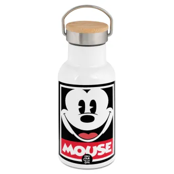 Μίκυ Μάους, Μεταλλικό παγούρι θερμός (Stainless steel) Λευκό με ξύλινο καπακι (bamboo), διπλού τοιχώματος, 350ml