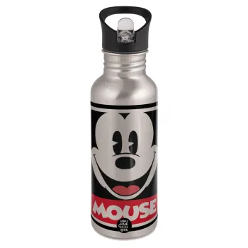 Mickey Mouse, Water bottle Silver with straw, stainless steel 600ml
