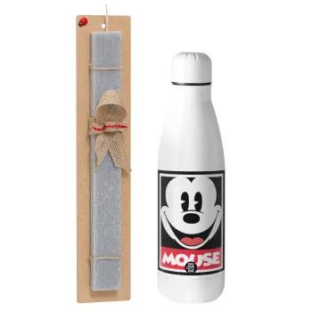 Mickey Mouse, Easter Set, metallic stainless thermos bottle (500ml) & scented flat Easter candle (30cm) (GRAY)