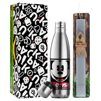 Mickey Mouse, Easter Set, metallic stainless thermos flask (500ml) & scented flat Easter candle (30cm) (GRAY)
