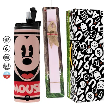 Μίκυ Μάους, Πασχαλινή Λαμπάδα με  ΡΟΖ Travel Tumbler θερμό (600ml, BPA free) & κερί αρωματικό πλακέ (30cm) (ΡΟΖ)