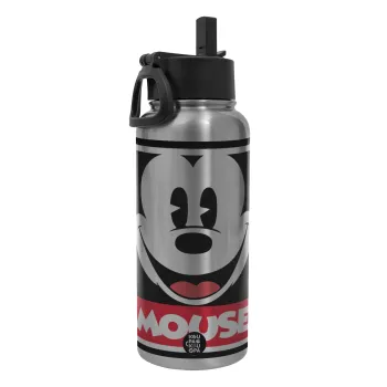 Μίκυ Μάους, Μεταλλικό παγούρι θερμός Silver με καλαμάκι και χερούλι (Stainless steel), διπλού τοιχώματος, 950ml