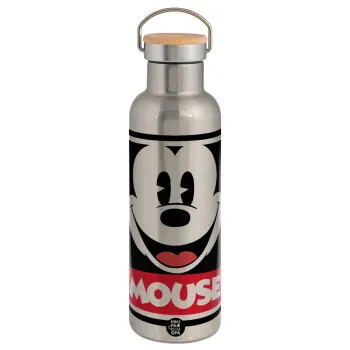 Mickey Mouse, Stainless steel Silver with wooden lid (bamboo), double wall, 750ml