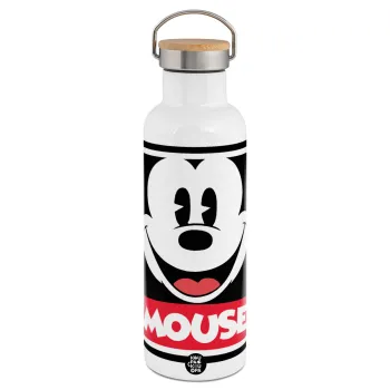Μίκυ Μάους, Μεταλλικό παγούρι θερμός (Stainless steel) Λευκό με ξύλινο καπάκι (bamboo), διπλού τοιχώματος, 750ml