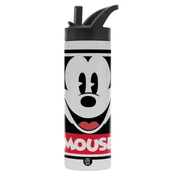 Mickey Mouse, Metallic thermos bottle with straw & handle, stainless steel (Stainless steel 304), double-walled, 600ml.
