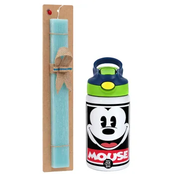 Mickey Mouse, Easter Set, Children's thermal stainless steel bottle with safety straw, green/blue (350ml) & aromatic flat Easter candle (30cm) (TURQUOISE)