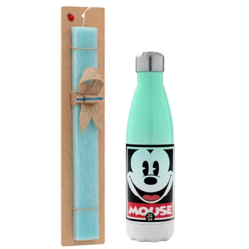 Mickey Mouse, Easter Set, Metallic green/white thermos (Stainless steel), double-walled, 500ml & scented flat Easter candle (30cm) (TURQUOISE)