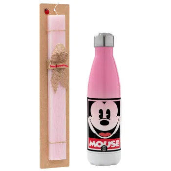 Mickey Mouse, Easter Set, Metallic pink/white (Stainless steel) thermos, double-walled, 500ml & aromatic flat Easter candle (30cm) (PINK)