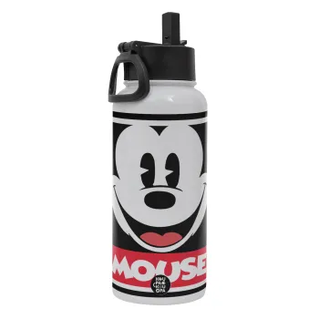 Mickey Mouse, Metal mug thermo White with Straw and Spout Lid (Stainless steel), double wall, 950ml