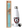 Easter Set, metallic stainless steel water bottle (750ml) & aromatic flat Easter candle (30cm) (TURQUOISE)
