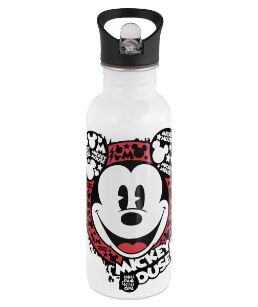 Mickey Mouse — Παγούρι νερού Λευκό με καλαμάκι, ανοξείδωτο ατσάλι 600ml