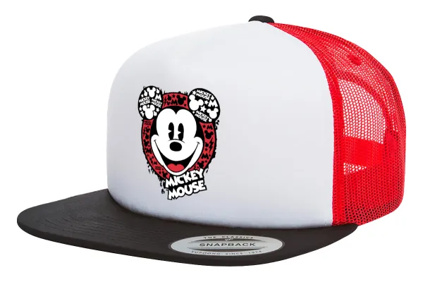 Mickey Mouse — Adult Foam Flat Snapback with Mesh Black-White-Red (POLYESTER, ADULT, UNISEX, ONE SIZE)