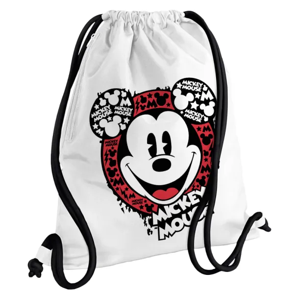 Mickey Mouse — Τσάντα πλάτης πουγκί GYMBAG λευκή, με τσέπη (40x48cm) & χονδρά κορδόνια