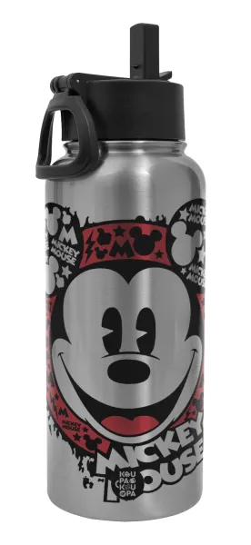 Mickey Mouse — Μεταλλικό παγούρι θερμός Silver με καλαμάκι και χερούλι (Stainless steel), διπλού τοιχώματος, 950ml