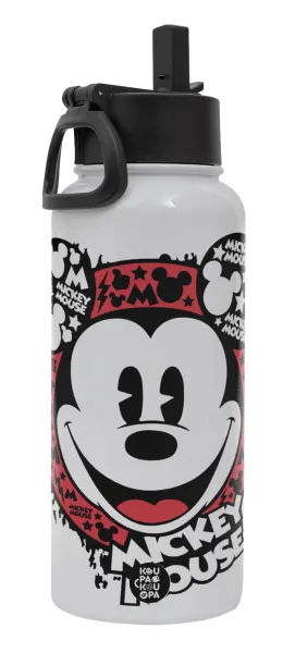 Mickey Mouse — Μεταλλικό παγούρι θερμός Λευκό με καλαμάκι και χερούλι (Stainless steel), διπλού τοιχώματος, 950ml
