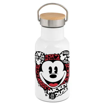 Mickey Mouse, Μεταλλικό παγούρι θερμός (Stainless steel) Λευκό με ξύλινο καπακι (bamboo), διπλού τοιχώματος, 350ml