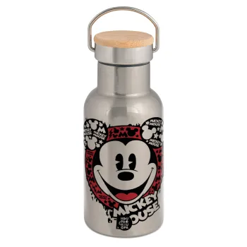 Mickey Mouse, Stainless steel metallic thermos flask, silver with a bamboo lid, double-walled, 350ml.