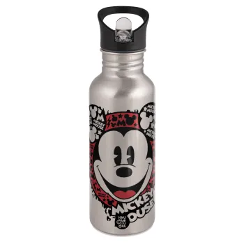 Mickey Mouse, Water bottle Silver with straw, stainless steel 600ml