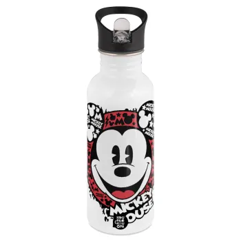 Mickey Mouse, Παγούρι νερού Λευκό με καλαμάκι, ανοξείδωτο ατσάλι 600ml