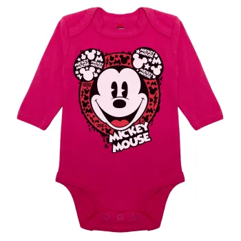 Mickey Mouse, Μακρυμάνικο βρεφικό φορμάκι, 0-18 μηνών, ΡΟΖ, 100% Organic Cotton