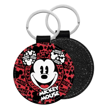 Mickey Mouse, Μπρελόκ Δερματίνη, στρογγυλό ΜΑΥΡΟ (5cm)