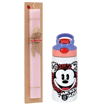 Mickey Mouse, Πασχαλινή Λαμπάδα με Παιδικό παγούρι θερμό, ανοξείδωτο, με καλαμάκι ασφαλείας, ροζ/μωβ (350ml) & κερί αρωματικό πλακέ (30cm) (ΡΟΖ)
