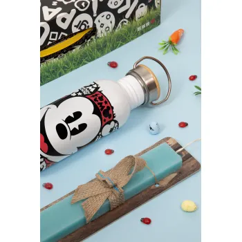 Mickey Mouse, Πασχαλινή Λαμπάδα με παγούρι μεταλλικό (620ml, stainless steel) & κερί αρωματικό πλακέ (30cm) (ΤΙΡΚΟΥΑΖ)