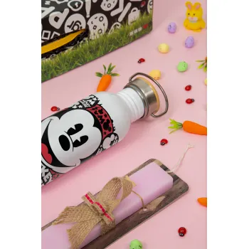 Mickey Mouse, Πασχαλινή Λαμπάδα με παγούρι μεταλλικό (620ml, stainless steel) & κερί αρωματικό πλακέ (30cm) (ΡΟΖ)