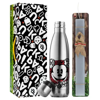 Mickey Mouse, Easter Set, metallic stainless thermos flask (500ml) & scented flat Easter candle (30cm) (GRAY)