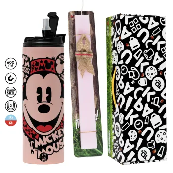Mickey Mouse, Easter candle,Travel Tumbler 2 Lids, with metal straw & cleaning brush & aromatic flat candle (30cm) (PINK)