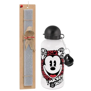 Mickey Mouse, Πασχαλινή Λαμπάδα με παγούρι μεταλλικό  αλουμινίου (500ml) & κερί αρωματικό πλακέ (30cm) (ΓΚΡΙ)
