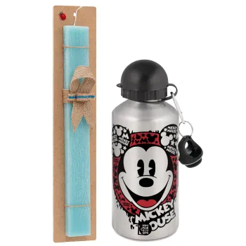 Mickey Mouse, Πασχαλινή Λαμπάδα με παγούρι μεταλλικό Ασημένιο αλουμινίου (500ml) & κερί αρωματικό πλακέ (30cm) (ΤΙΡΚΟΥΑΖ)