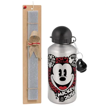 Mickey Mouse, Πασχαλινή Λαμπάδα με παγούρι μεταλλικό Ασημένιο αλουμινίου (500ml) & κερί αρωματικό πλακέ (30cm) (ΓΚΡΙ)