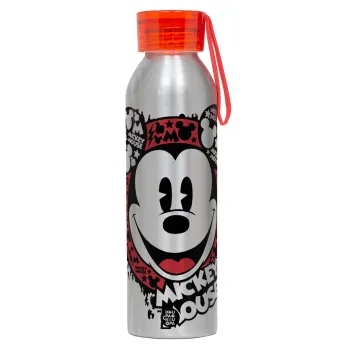 Mickey Mouse, Αλουμινένιο Αθλητικό Μπουκάλι 650ml – Ασημί με Κόκκινο Καπάκι και Λουράκι Σιλικόνης