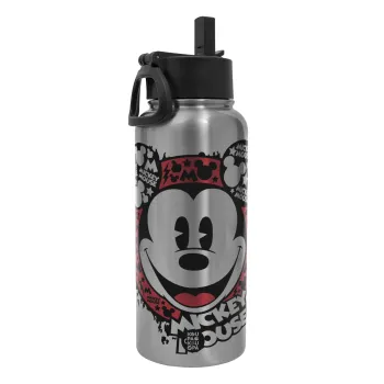 Mickey Mouse, Μεταλλικό παγούρι θερμός Silver με καλαμάκι και χερούλι (Stainless steel), διπλού τοιχώματος, 950ml