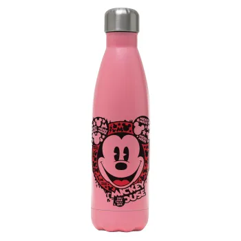 Mickey Mouse, Μεταλλικό παγούρι θερμός Ροζ Ματ (Stainless steel), διπλού τοιχώματος, 500ml