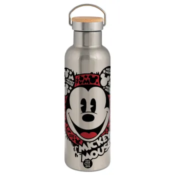 Mickey Mouse, Stainless steel Silver with wooden lid (bamboo), double wall, 750ml