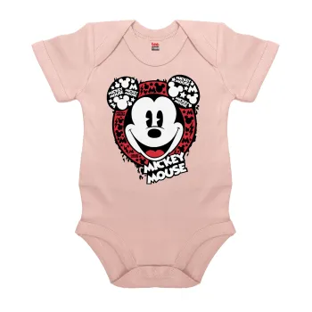 Mickey Mouse, Βρεφικό φορμάκι μωρού, 0-18 μηνών, ΡΟΖ POWDER, 100% Organic Cotton, κοντομάνικο