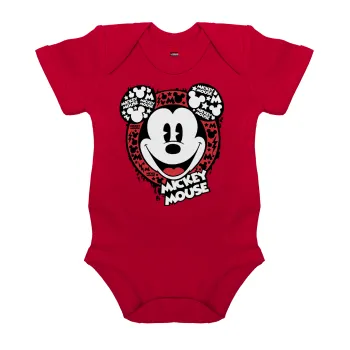 Mickey Mouse, Βρεφικό φορμάκι μωρού, ΚΟΚΚΙΝΟ, 100% Organic Cotton, κοντομάνικο