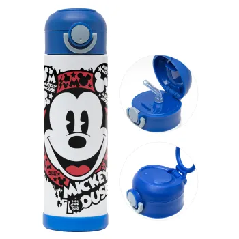 Mickey Mouse, Παιδικό παγούρι θερμό, ανοξείδωτο, με καλαμάκι ασφαλείας, ΜΠΛΕ (500ml)