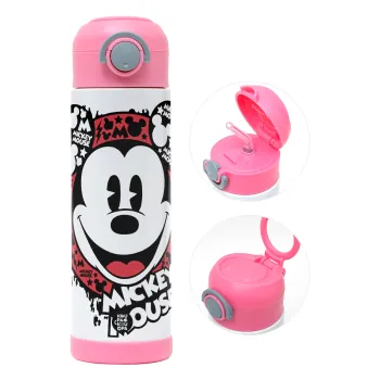 Mickey Mouse, Children's hot water bottle, stainless steel, with safety straw, PINK (500ml)