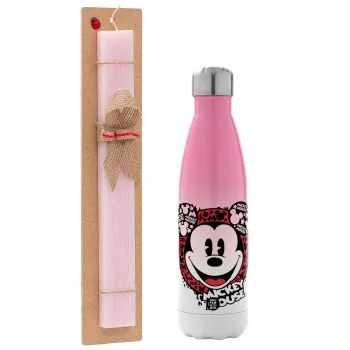 Mickey Mouse, Easter Set, Metallic pink/white (Stainless steel) thermos, double-walled, 500ml & aromatic flat Easter candle (30cm) (PINK)