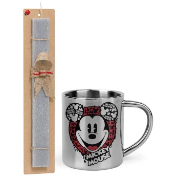 Mickey Mouse, Πασχαλινή Λαμπάδα με μεταλλική κούπα θερμό (300ml) & κερί αρωματικό πλακέ (30cm) (ΓΚΡΙ)
