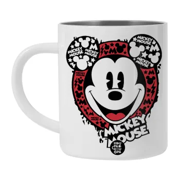 Mickey Mouse, Λευκή Ανοξείδωτη Μεταλλική Κούπα 450ml - Διπλού Τοιχώματος 
